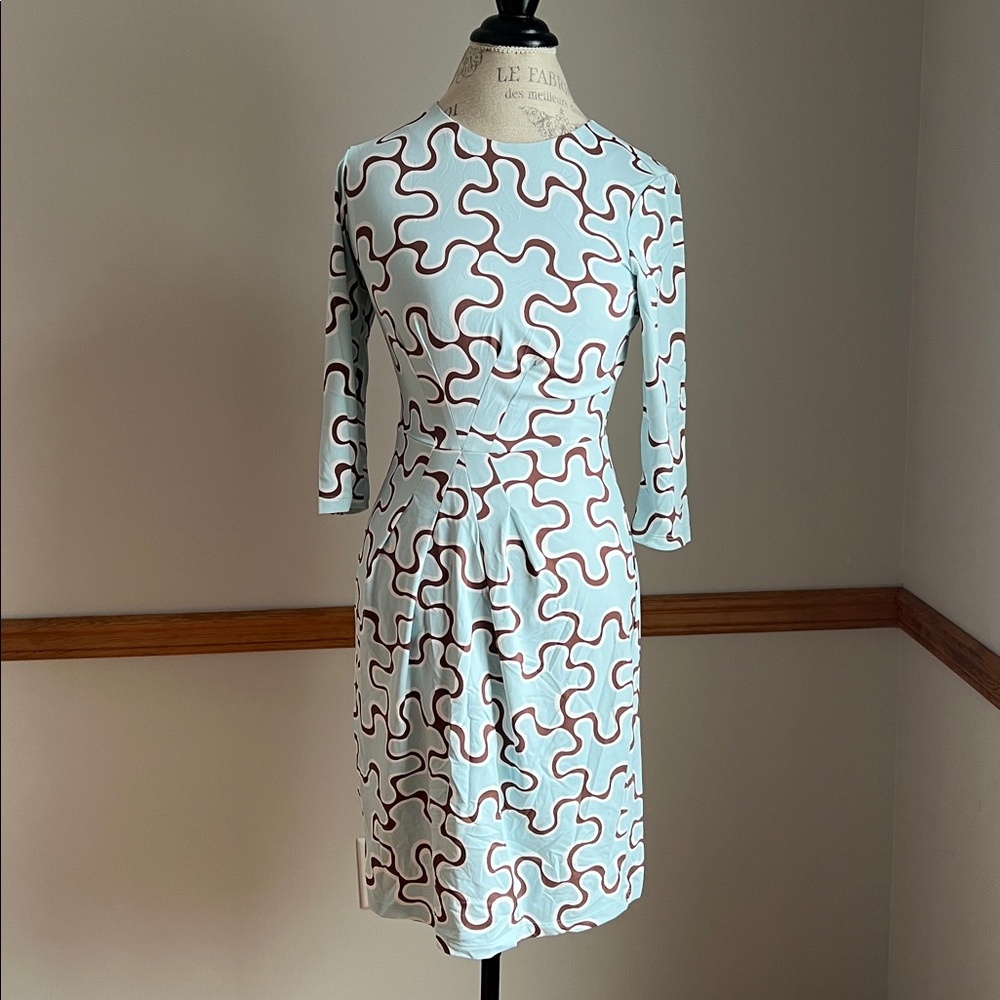 J. Mclaughlin Catalina 3/4 Sleeve Dress Women’s Size XS blue brown jigsaw puzzle
